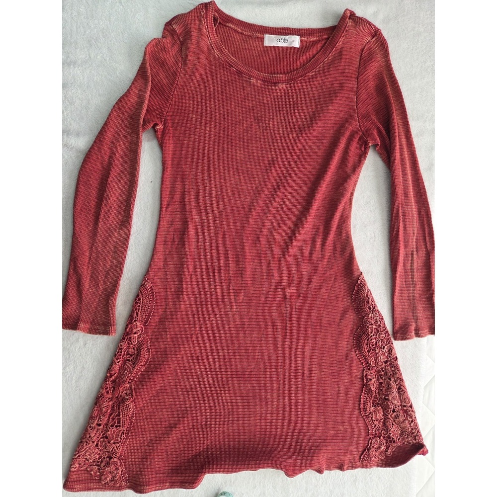 ABLE Women's Medium Ribbed Knit Dress Rust Crochet Lace Panel Cotton Rayon Boho